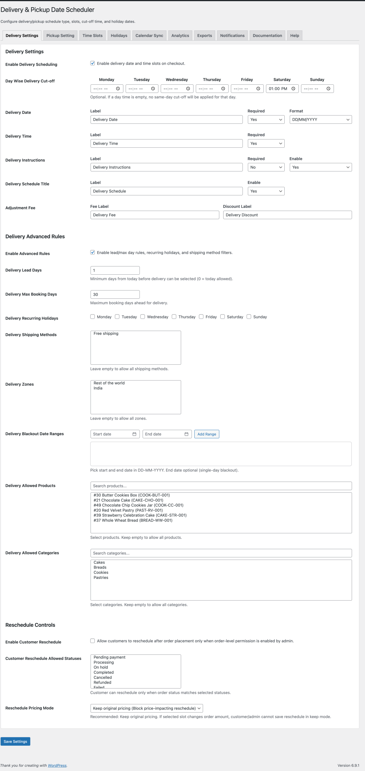 Delivery Settings Screenshot