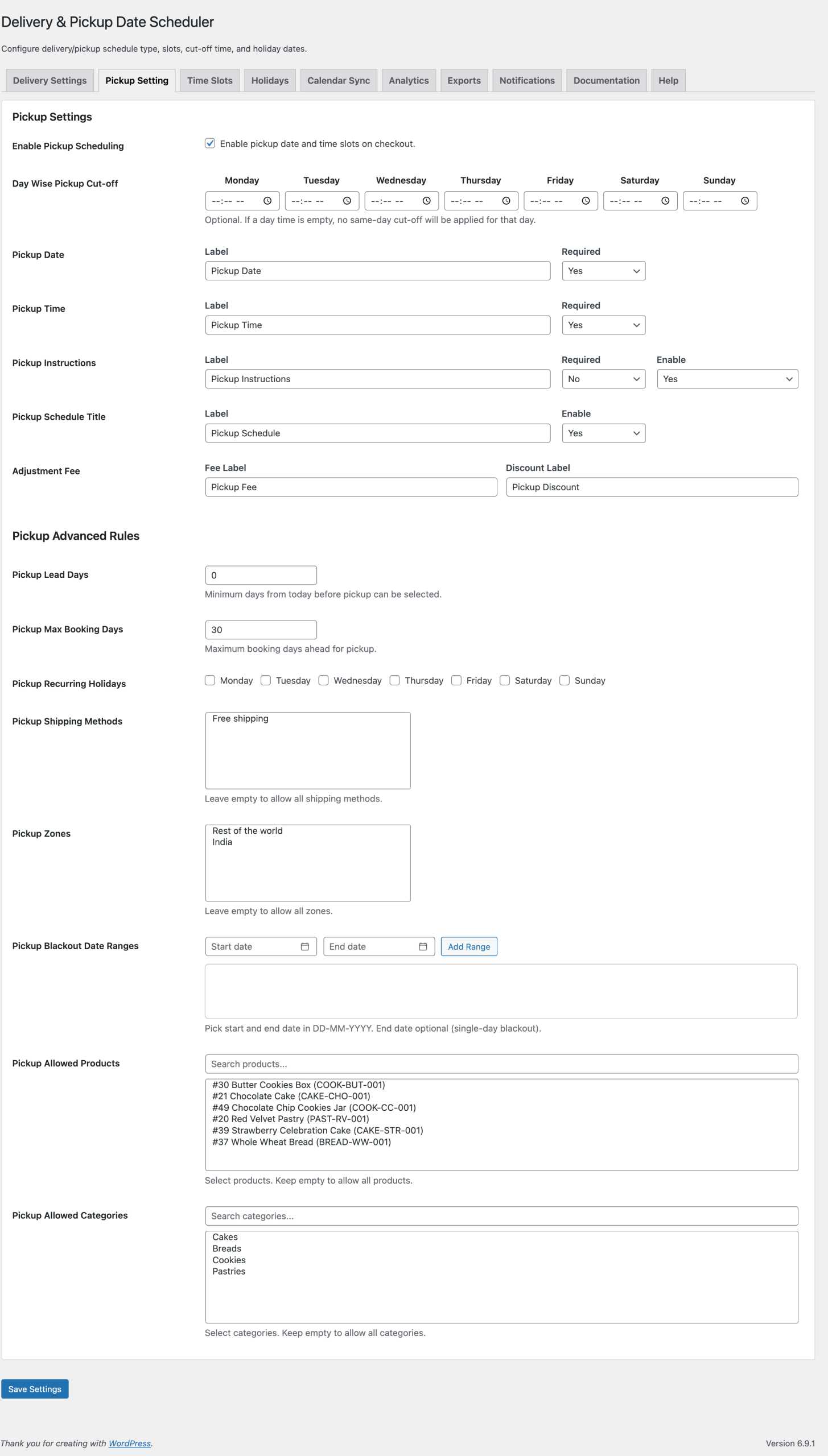 Pickup Settings Screenshot
